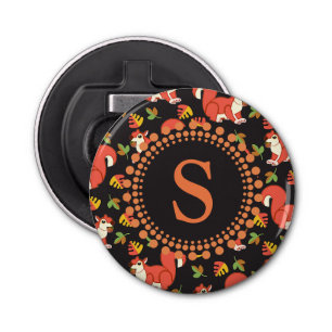 Squirrel and Autumn Leaf Pattern Monogram Bottle Opener