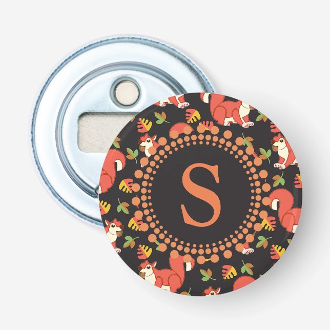Squirrel and Autumn Leaf Pattern Monogram Bottle Opener (Front)