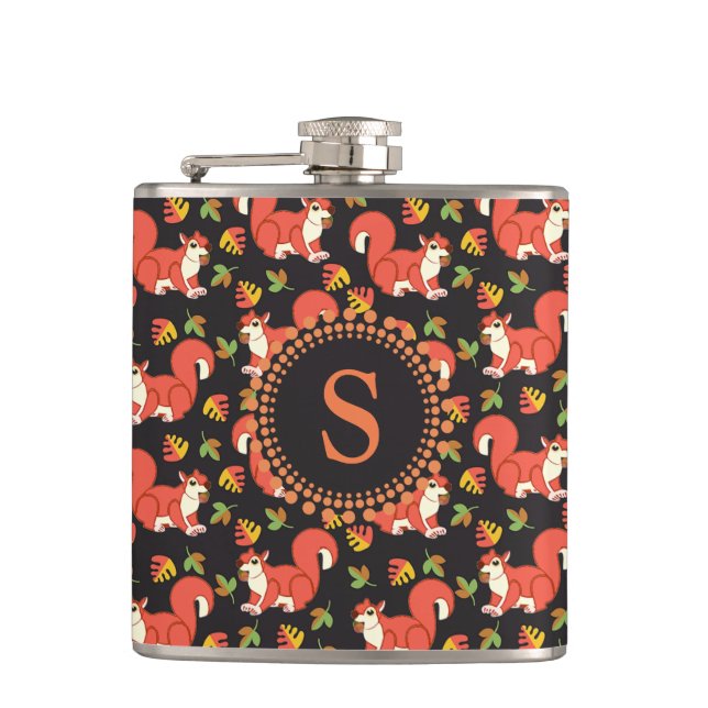 Squirrel and Autumn Leaf Pattern Monogram Hip Flask (Front)
