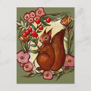 Squirrel and Holly winter Red Squirrels            Postcard