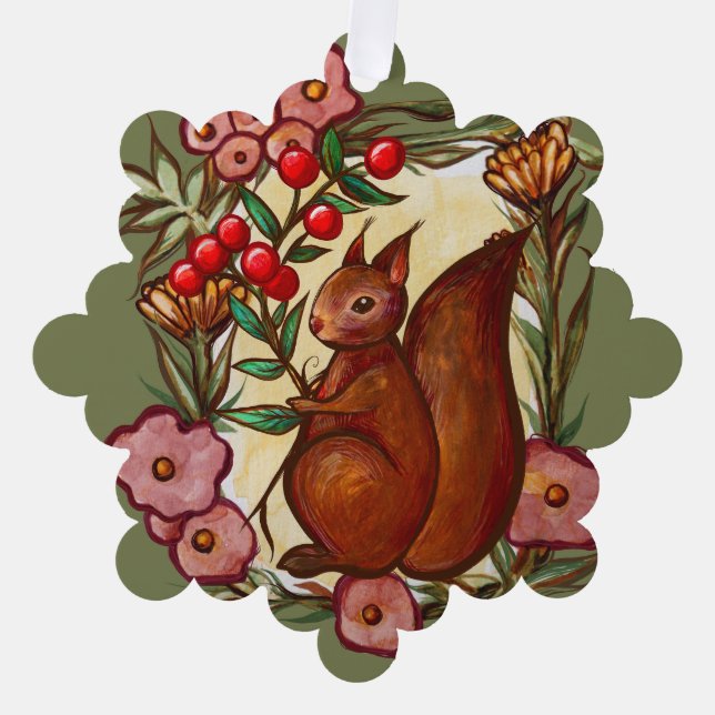 Squirrel and Holly winter Red Squirrels            Tree Decoration Card (Front)