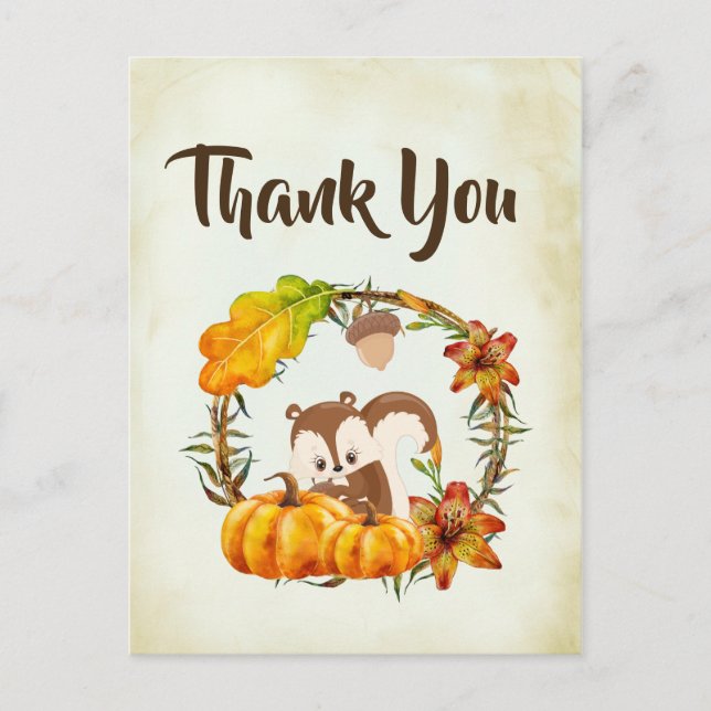 Squirrel and Pumpkins Fall Rustic Thank You Postcard (Front)