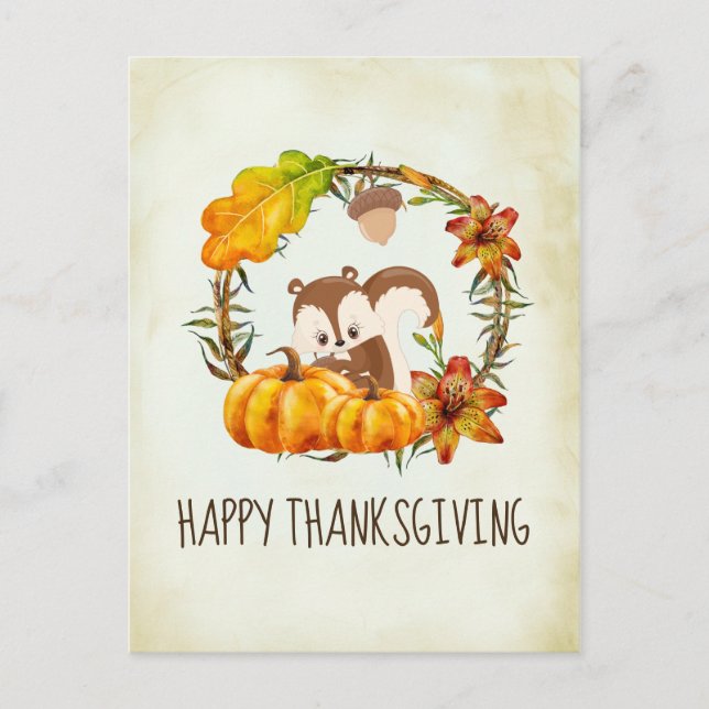 Squirrel and Pumpkins Happy Thanksgiving Holiday Postcard (Front)