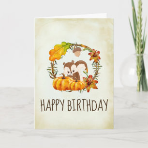Squirrel and Pumpkins Rustic Wreath Birthday Card