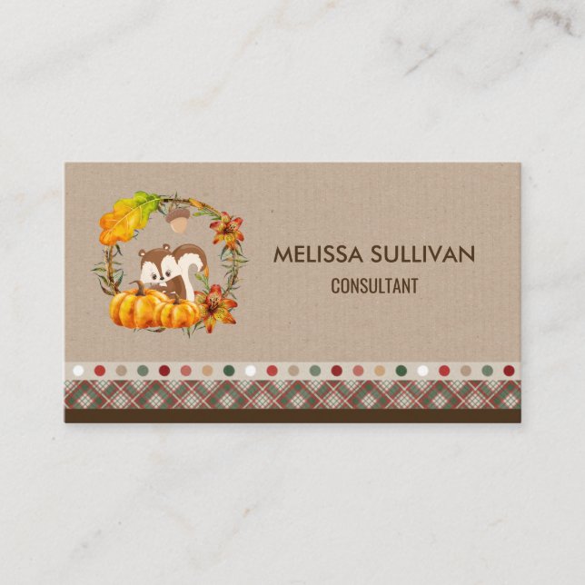 Squirrel and Pumpkins Rustic Wreath Business Card (Front)
