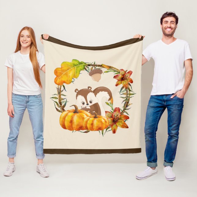 Squirrel and Pumpkins Rustic Wreath Fleece Blanket (In Situ)