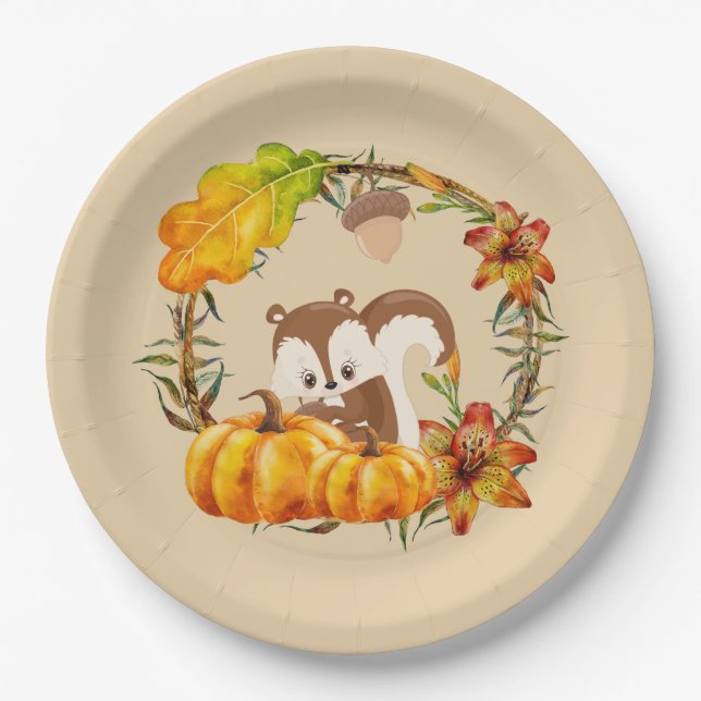 Squirrel and Pumpkins Rustic Wreath Paper Plate (Front)