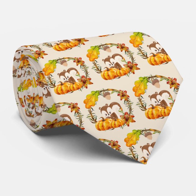 Squirrel and Pumpkins Rustic Wreath Pattern Tie (Rolled)