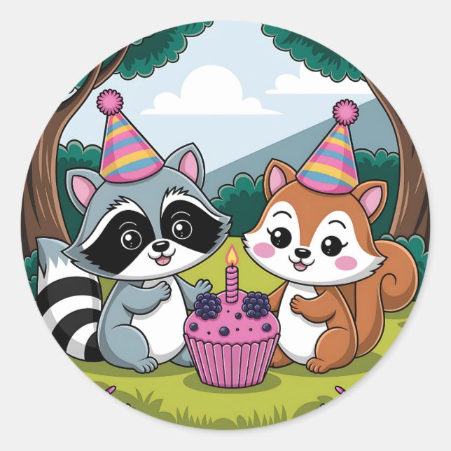 Squirrel and Racoon cute Birthday Classic Round Sticker (Front)