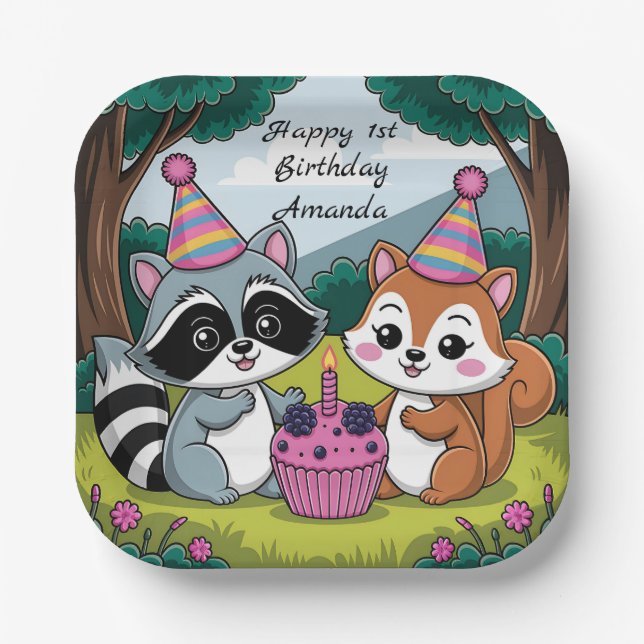 Squirrel and Racoon cute Birthday Paper Plate (Front)