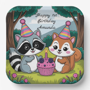 Squirrel and Racoon cute Birthday Paper Plate