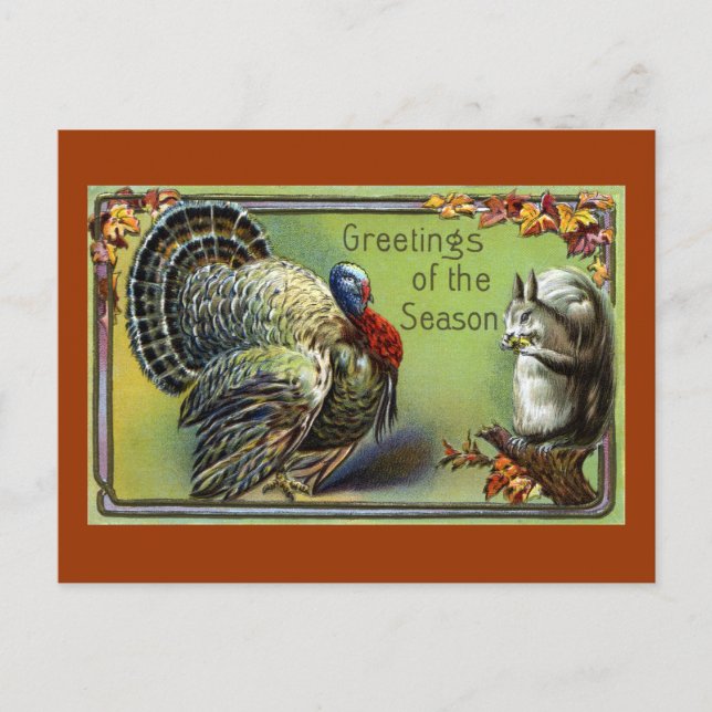 Squirrel and Turkey Vintage Thanksgiving Holiday Postcard (Front)