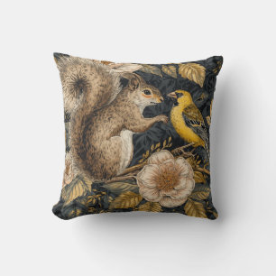 Squirrel and Yellow Canary with Flowers Pattern Cushion