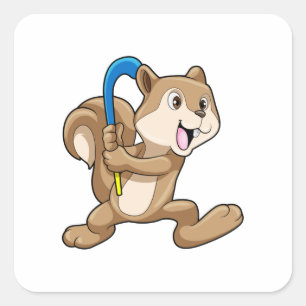 Squirrel at Field hockey with Stick Square Sticker