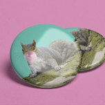 Squirrel Blowing a Bubblegum Bubble Animal Photo 6 Cm Round Badge<br><div class="desc">Add some fun to your outfit with this quirky,  but cute button. The photo collage depicts a grey squirrel on the side of a mossy tree blowing a bubble with some pink bubblegum.</div>