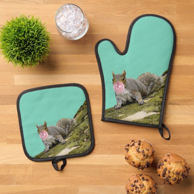 Squirrel Blowing a Bubblegum Bubble Animal Photo Oven Mitt & Pot Holder Set (Top Down)