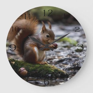 Squirrel By The River Eating A Acorn, Large Clock