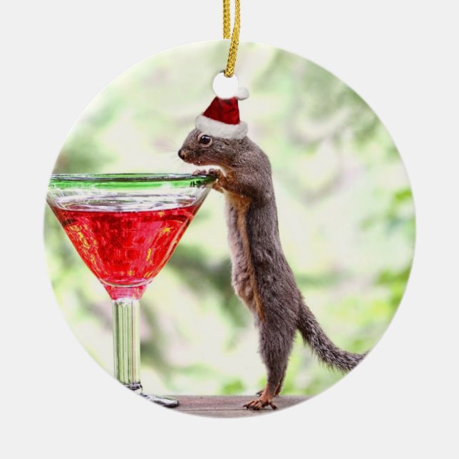Squirrel Celebrating Christmas Ceramic Tree Decoration (Front)