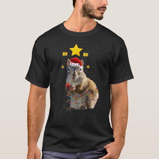 Squirrel Christmas Decorations Santa Hat Xmas Ligh T-Shirt (Front)