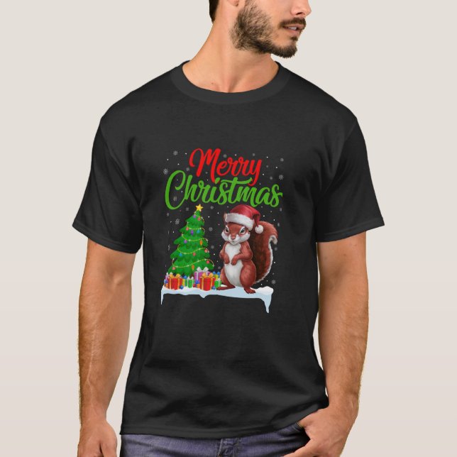 Squirrel Christmas Tree Lights Funny Xmas Squirrel T-Shirt (Front)