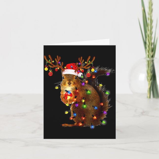 Squirrel Christmas Tree Lights Reindeer Santa Hat  Card (Front)