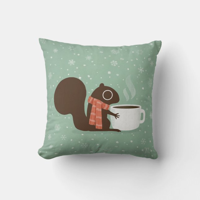 Squirrel Coffee Lover Woodland Winter Holiday Cushion (Front)