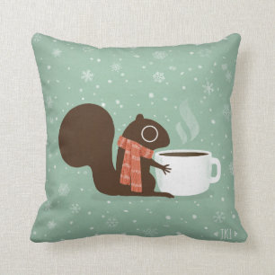 Squirrel Coffee Lover Woodland Winter Holiday Cushion