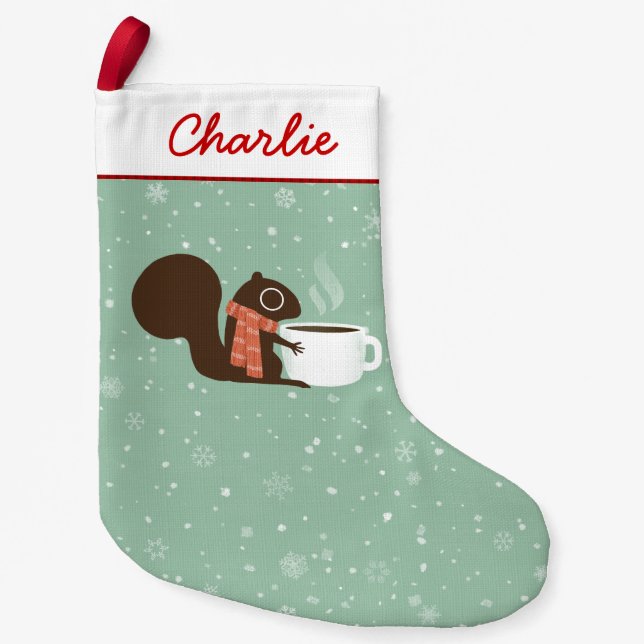 Squirrel Coffee Lover Woodland Winter Holiday Xmas Small Christmas Stocking (Front)
