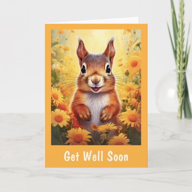 Squirrel Cute Animal in the Flowers Get Well Soon Thank You Card (Front)