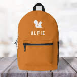 Squirrel Cute Modern Minimalist Orange Printed Backpack<br><div class="desc">A custom design on a orange brown background featuring a squirrel motif icon in white which can be easily replaced by uploading your own logo, image or motif! The personalised monogram name in white modern block typography can be replaced with your own name or custom text. The perfect gift or...</div>