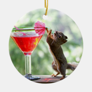 Squirrel Drinking Cocktail Ceramic Tree Decoration