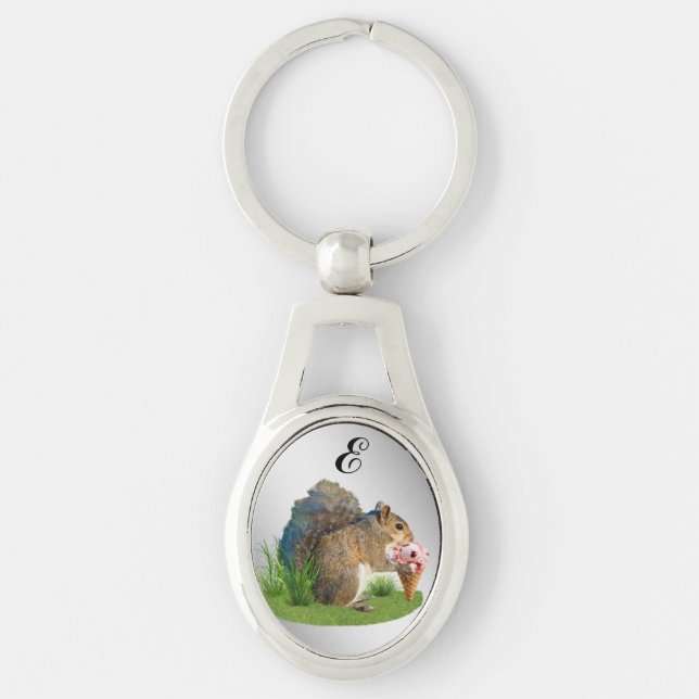 Squirrel Eating Ice Cream Cone, Monogram Key Ring (Front)