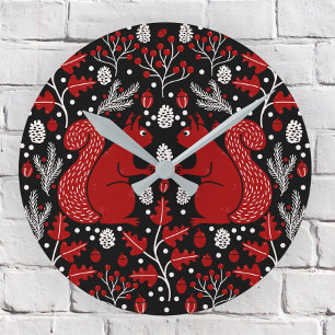 Squirrel Forest Woodland Dark Round Clock