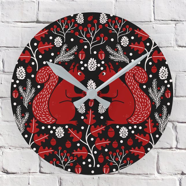 Squirrel Forest Woodland Dark Round Clock (Squirrel in the Forest pattern woodland wall clock)