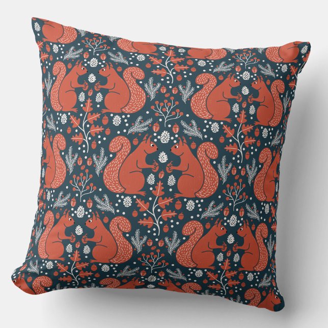 Squirrel Forest Woodland Pattern Cushion (Squirrels in the Forest woodland art throw pillow)