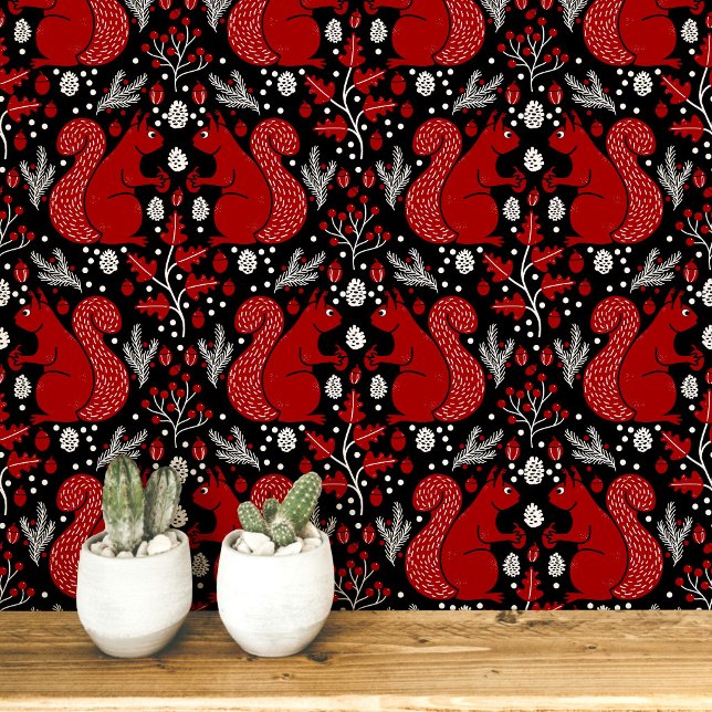 Squirrel Forest Woodland Pattern Wallpaper (Modern Squirrel woodland forest peel and stick wallpaper)