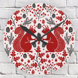 Squirrel Forest Woodland Round Clock<br><div class="desc">Red squirrel forest woodland pattern with pine cones,  pine branches,  acorns,  oak leaves and berries.  Perfect for a lake house or seasonal room decor. Original art by Nic Squirrell.</div>