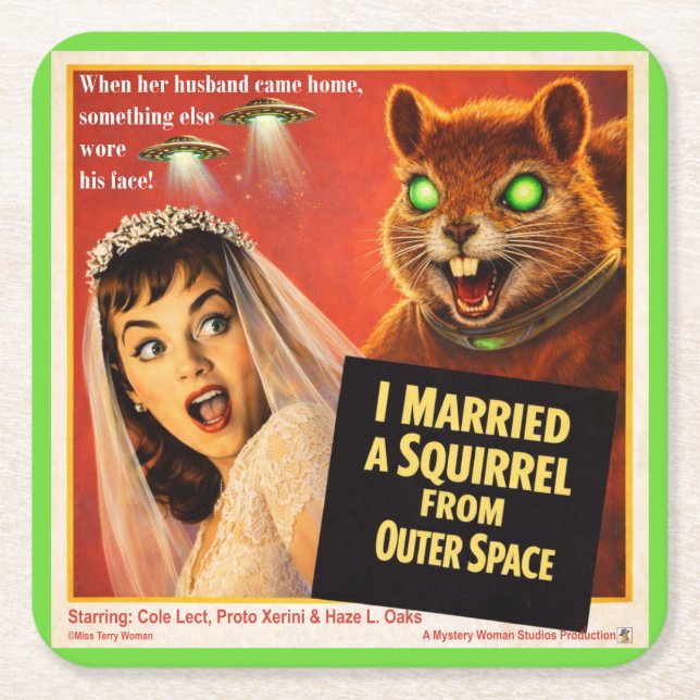 Squirrel from Outer Space Square Paper Coaster (Front)