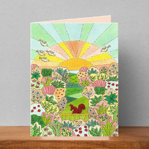 Squirrel Garden Sunrise Drawing Blank Card