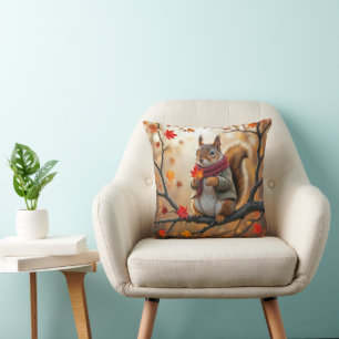 Squirrel Holding an Autumn Maple Leaf Cushion