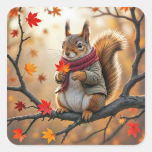 Squirrel Holding an Autumn Maple Leaf Square Sticker