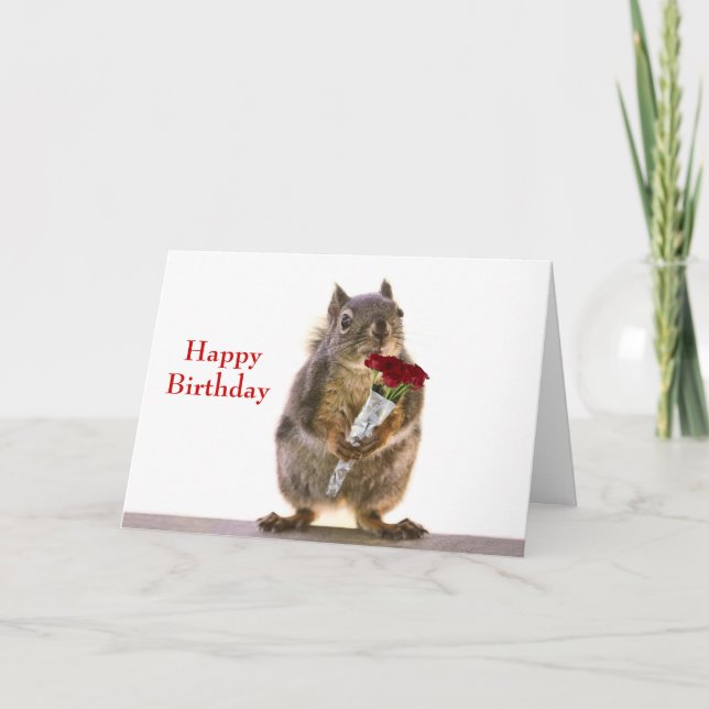 Squirrel Holding Red Rose Bouquet Card (Front)