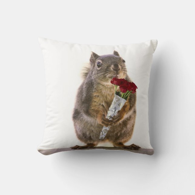 Squirrel Holding Red Rose Bouquet Cushion (Front)