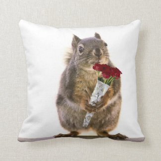 Squirrel Holding Red Rose Bouquet Cushion
