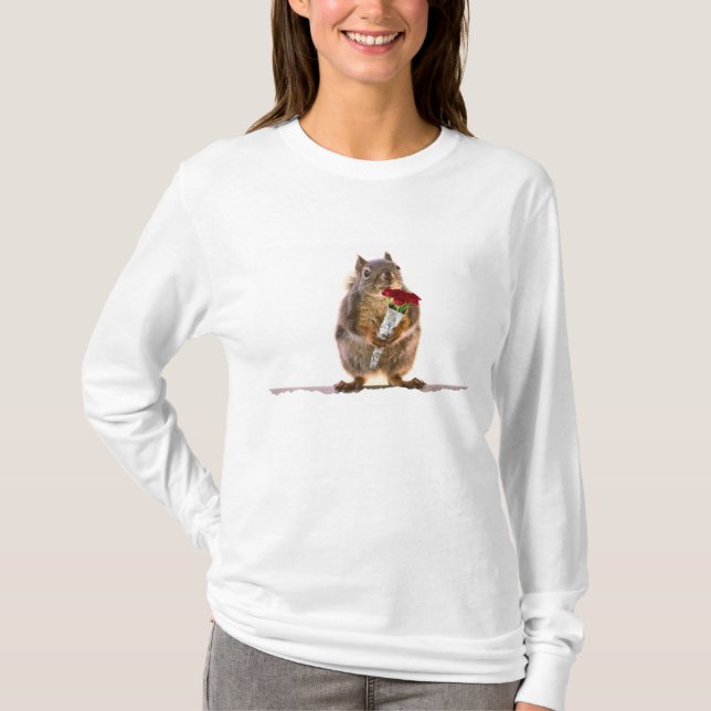 Squirrel Holding Red Rose Bouquet T-Shirt (Front)