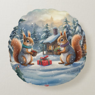 Squirrel Holiday Design By Rich AMeN Gill Round Cushion
