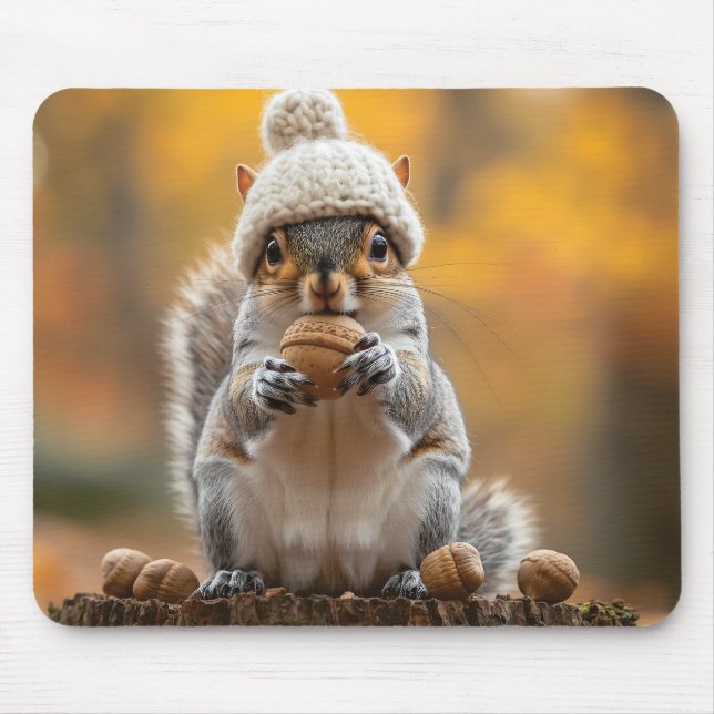 Squirrel in Knit Hat Holding Nut Mouse Pad (Front)