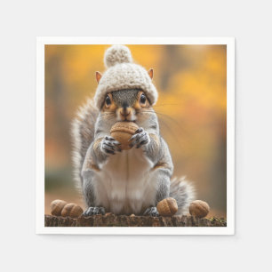 Squirrel in Knit Hat Holding Nut Napkin