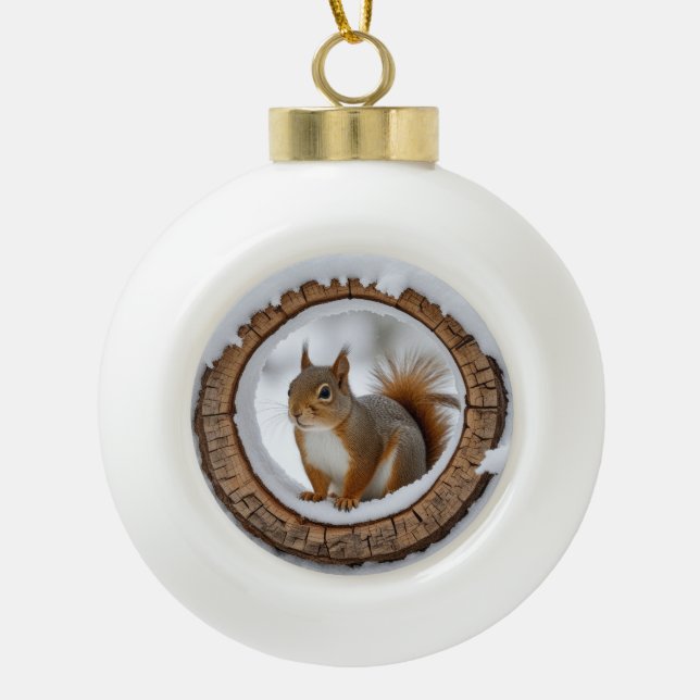 squirrel in the snow ceramic ball christmas ornament (Front)