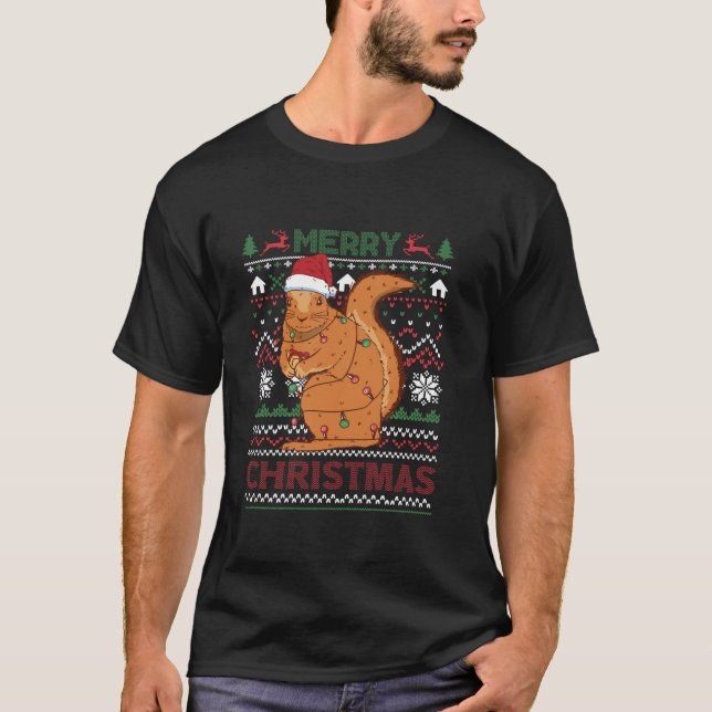 Squirrel Marry Christmas Light Santa Hat Snowflake T-Shirt (Front)